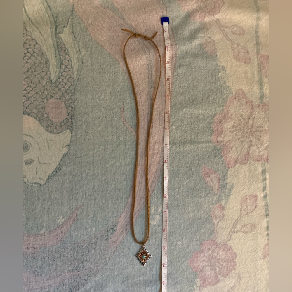 Western Boho Imitation Turquoise Pendant Necklace on Tan Suede Cord - Picture 8 of 8